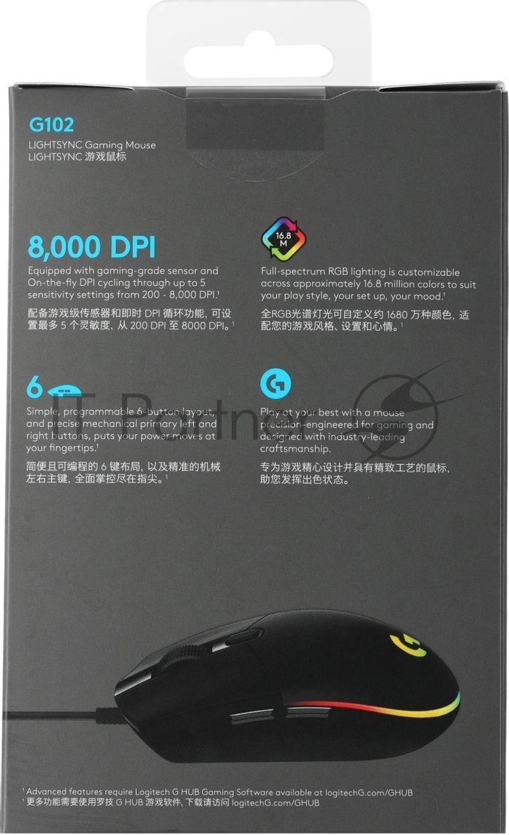 Мышь проводная Logitech G102 LIGHTSYNC черный, 8000 dpi, USB, кнопки - 6