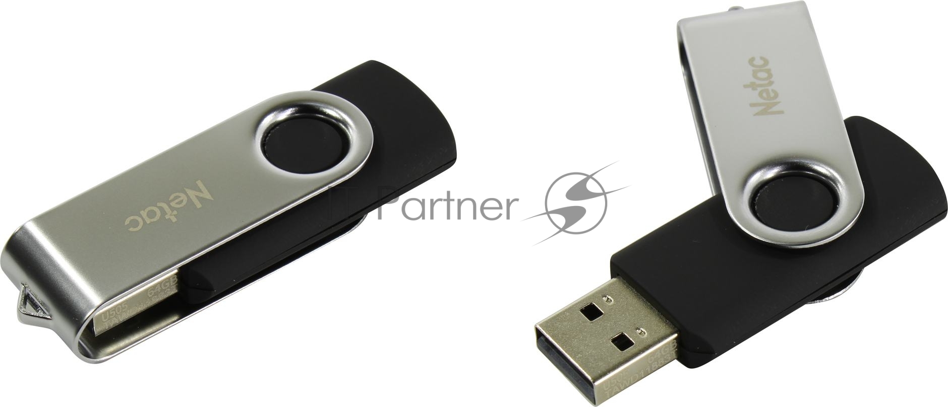 Флешка USB Netac U505 (NT03U505N-064G-20BK), 64Gb, USB 2.0, R/W 70/30, черный/серебристый