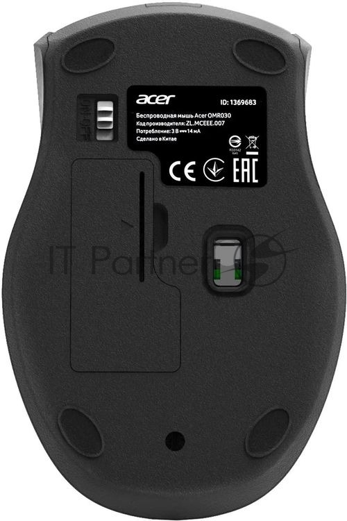 Мышь беспроводная Acer OMR030 черный, 1600 dpi, радиоканал, USB, кнопки - 4