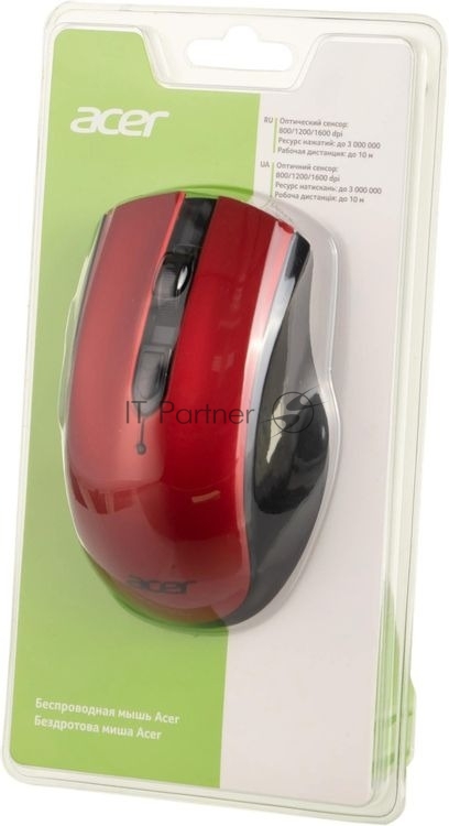 Мышь беспроводная Acer OMR032 черный/красный, 1600 dpi, радиоканал, USB, кнопки - 4