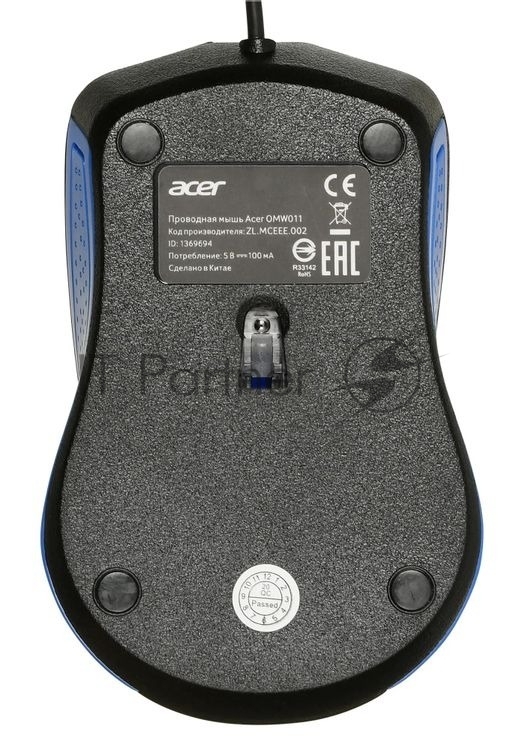 Мышь проводная Acer OMW011 черный/синий, 1200 dpi, USB, кнопки - 3