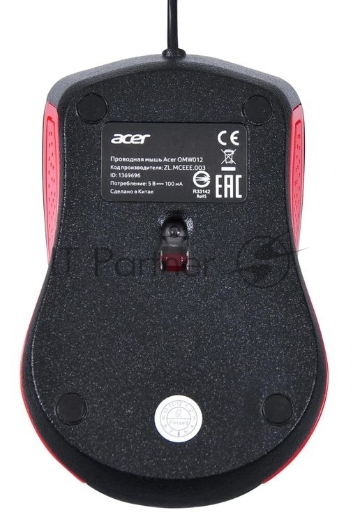 Мышь проводная Acer OMW012 черный/красный, 1200 dpi, USB, кнопки - 3