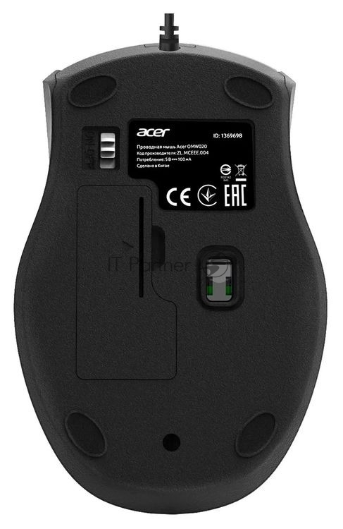 Мышь проводная Acer OMW020 черный, 1600 dpi, USB, кнопки - 4