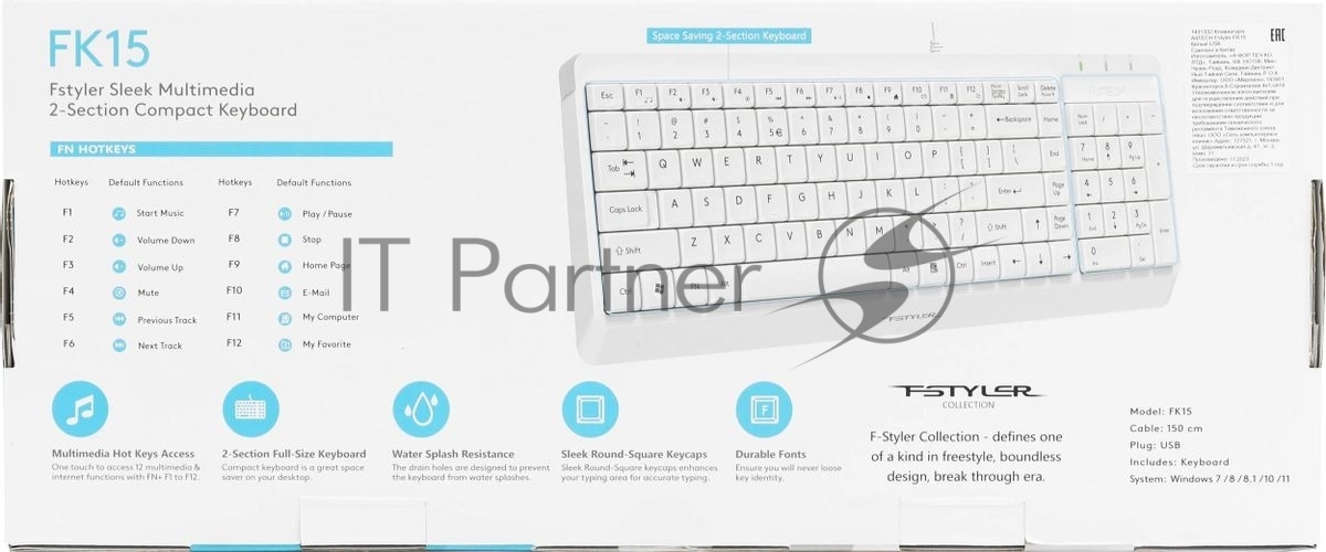 Клавиатура проводная A4Tech Fstyler FK15, USB, белый