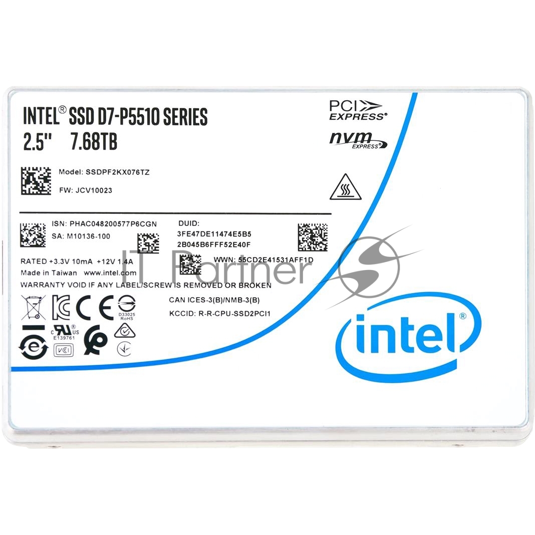 Накопитель SSD Intel D7-P5510, 7.5Tb, 2.5", PCIe 4.0 x4, NVMe, U.2, R/W 7000/4194