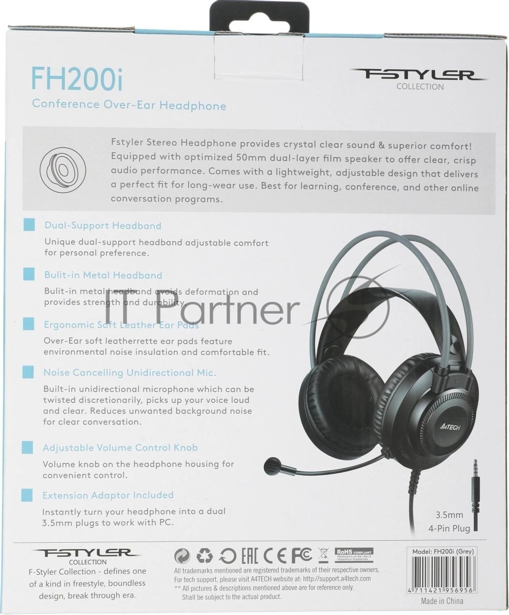 Гарнитура A4Tech Fstyler FH200i серый, проводная