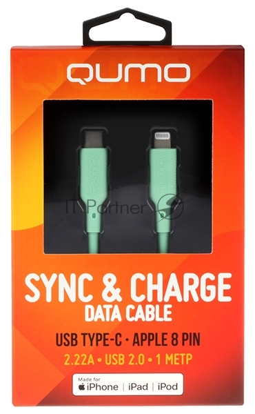 Кабель QUMO, MFI С94, Type-C на MFI Apple 8 pin, силиконовый, 1м, 2,22A, 9V, 20W, PD (зеленый)