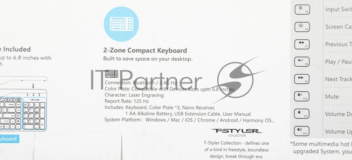 Клавиатура беспроводная A4Tech Fstyler FBK25, USB, Bluetooth/Радиоканал, черный/серый