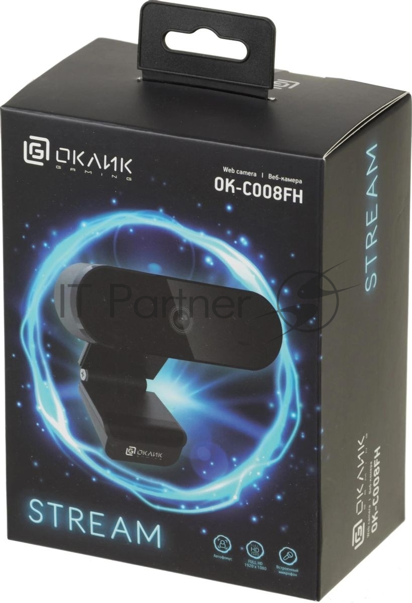 Веб-камера OKLICK OK-C008FH 1920x1080, 30 кадр/с, USB Type-A, микрофон (шумоподавление), автоматическая фокусировка, универсальное крепление