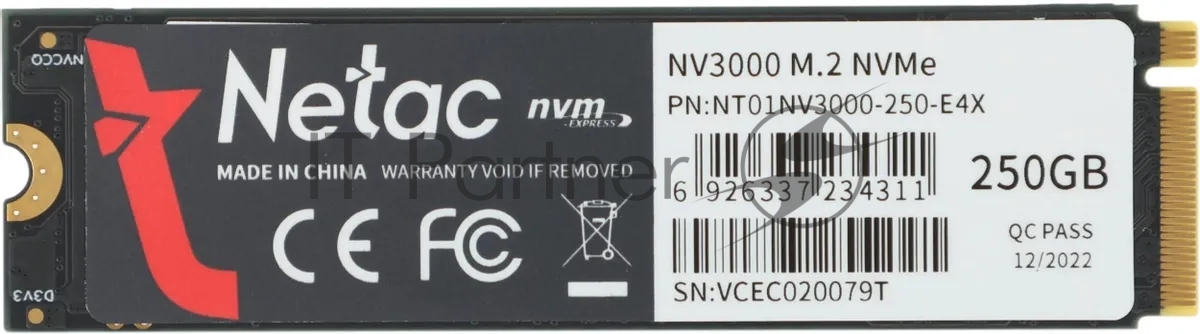 Накопитель SSD Netac NV3000, 250Gb, PCIe 3.0 x4, M.2 2280, NVMe, R/W 3000/1400