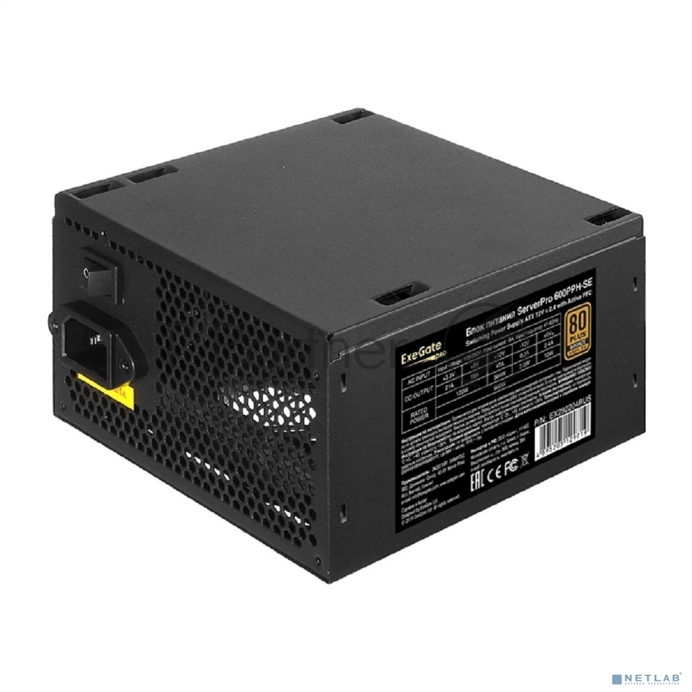 Блок питания серверный 600W ExeGate ServerPRO 80 PLUS Bronze, 600PPH-SE (ATX, for 3U+ cases, APFC, КПД 89% (80 PLUS Bronze), 12cm fan, 24p, (4+4)p, PCIe, 5SATA, 3IDE, black)