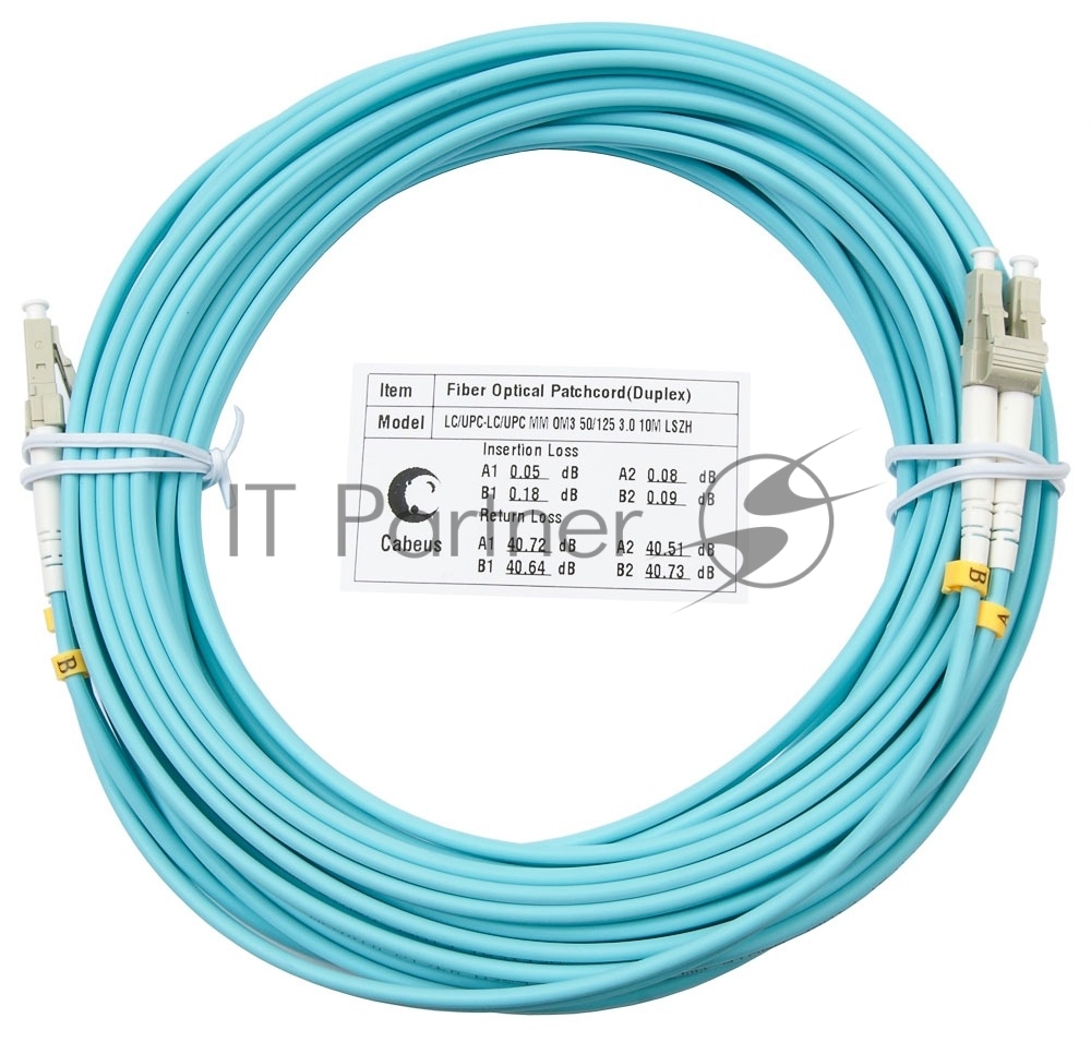 Шнур оптический Cabeus Tight Buffer, Duplex LC/LC, OM3 50/125, LSZH, 10м, d= 3мм, серый хвостовик, аква