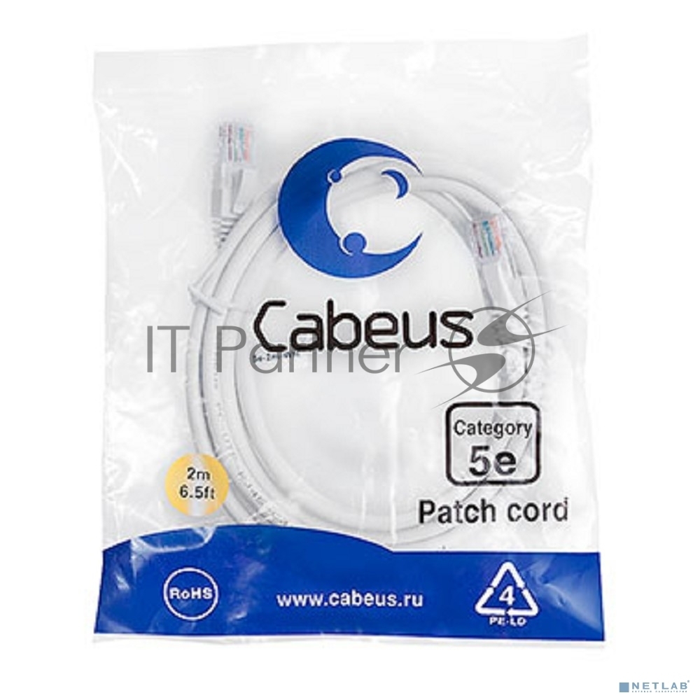 Шнур комм. Cabeus, кат. 5е, неэкр., U/UTP, RJ45/RJ45, LSZH, AWG24, 2м, белый
