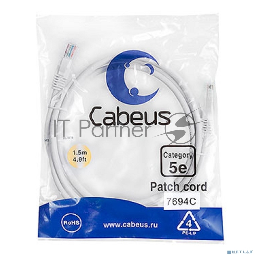 Шнур комм. Cabeus, кат. 5е, неэкр., U/UTP, RJ45/RJ45, PVC, AWG24, 1.5м, белый