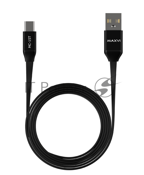 Кабель Maxvi MC-15T black, USB-A - Type-C, 2A ток макс. нагрузки 2А, макс. напряжение 5V; стандарт USB 2.0; плоский кабель, длина 1м, оплетка TPE, металлические корпуса разъемов, цвет черный