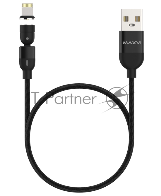 Кабель Maxvi MCm-02L black, USB-A - Lightning, 2A, магнитный разъем, LED ток макс. нагрузки 2А, макс. напряжение 5V; стандарт USB 2.0; длина 1.5м, нейлоновая оплетка, съемный магнитный коннектор, LED подсветка, черный