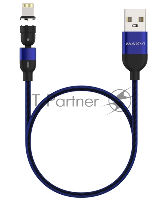 Кабель Maxvi MCm-02L blue, USB-A - Lightning, 2A, магнитный разъем, LED ток макс. нагрузки 2А, макс. напряжение 5V; стандарт USB 2.0; длина 1.5м, нейлоновая оплетка, съемный магнитный коннектор, LED подсветка, синий