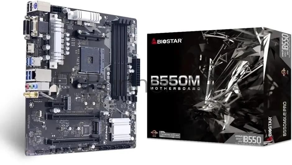 Материнская плата Biostar B550MX/E PRO, AM4, AMD B550, 4xDDR4, 4xSATA, 2xM.2, 1xPCIe 4.0 x16, 1xPCIe 3.0 x4, 1xDVI-D, 1xHDMI, 1xVGA, 1x1Gb LAN, 4xUSB-A 5Gbps, 2xUSB-A 2.0, 1xCOM, 3x3.5 мм, 7.1, mATX