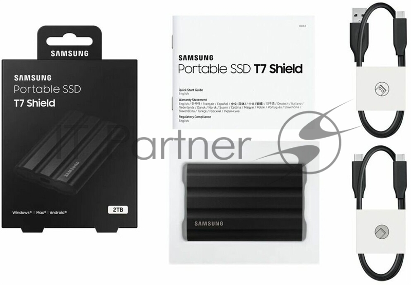 Внешний SSD Samsung T7 Shield, 2TB, USB 3.2 Gen 2 Type-C, R/W 1050/1000, черный