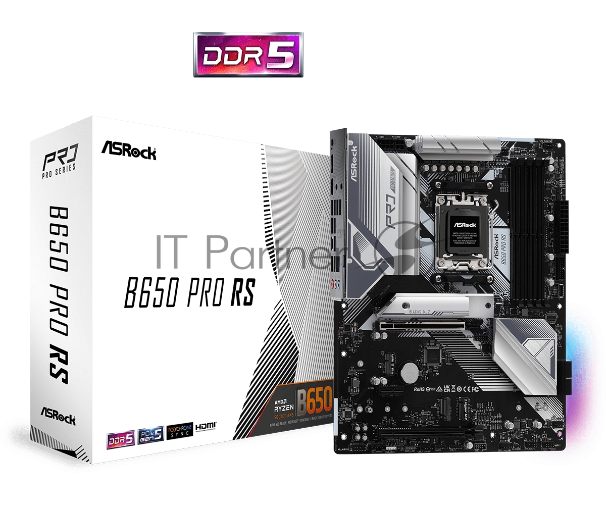 Материнская плата ASRock B650 PRO RS, AM5, AMD B650, 4xDDR5, 4xSATA, 3xM.2, 1xPCIe 4.0 x16, 1xPCIe 3.0 x4, 1xPCIe 3.0 x1, 1xDP, 1xHDMI, 1x2.5Gb LAN, 1xUSB-C 10Gbps, 1xUSB-A 10Gbps, 2xUSB-A 5Gbps, 6xUSB-A 2.0, 3x3.5 мм, 7.1, ATX