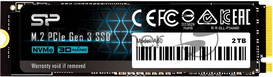 Накопитель SSD Silicon Power P34A60, 2Tb, PCIe 3.0 x4, M.2 2280, NVMe, R/W 2200/1600