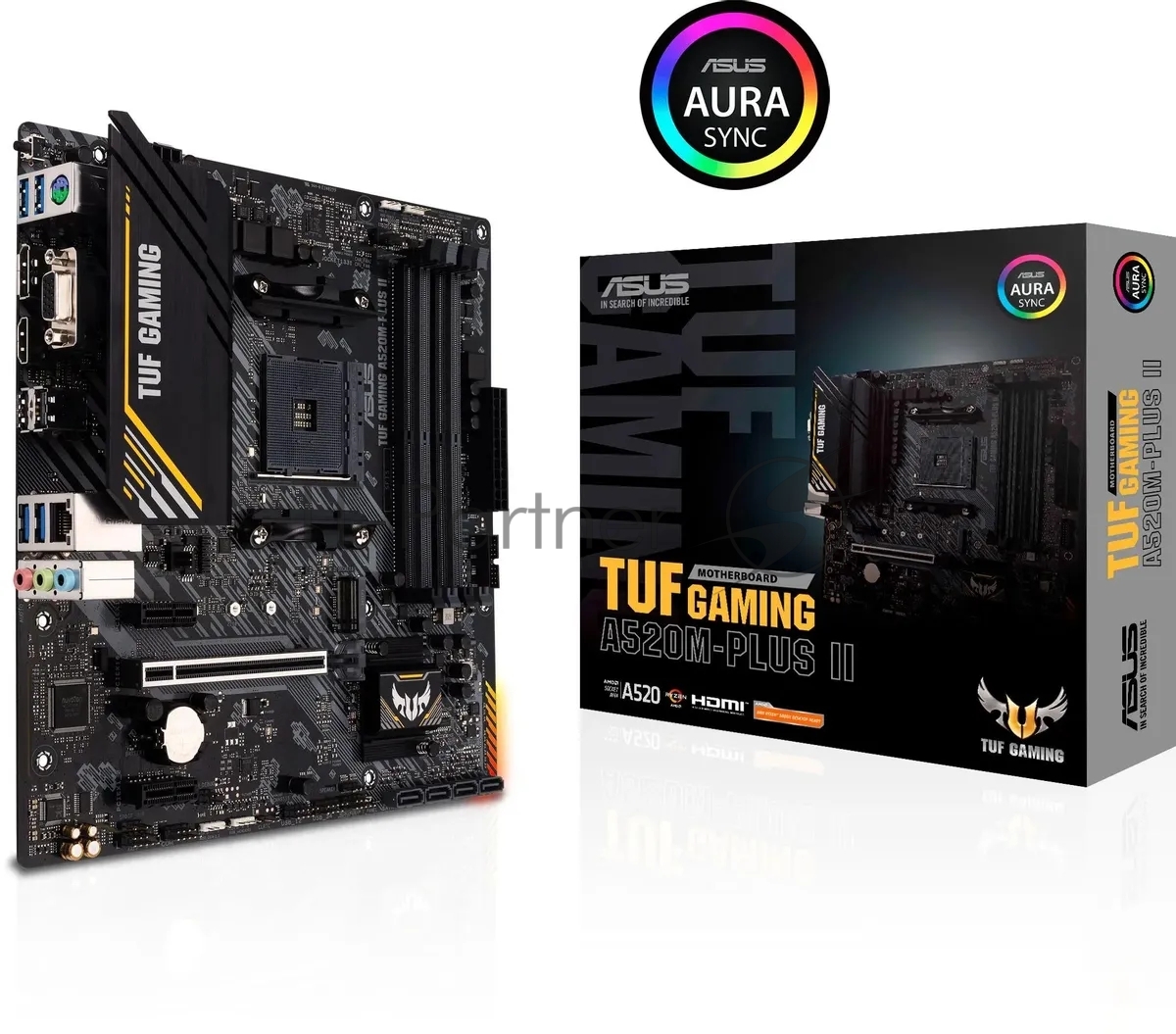 Материнская плата ASUS TUF GAMING A520M-PLUS II, AM4, AMD A520, 4xDDR4, 4xSATA, 1xM.2, 1xPCI-E 3.0 x16, 2xPCI-E x1, 1xHDMI, 1xDP, 1xVGA, 1x 1Gb LAN, 4xUSB 3.2 Gen 1, 2xUSB 2.0, 3x3.5 мм, 7.1, Micro-ATX