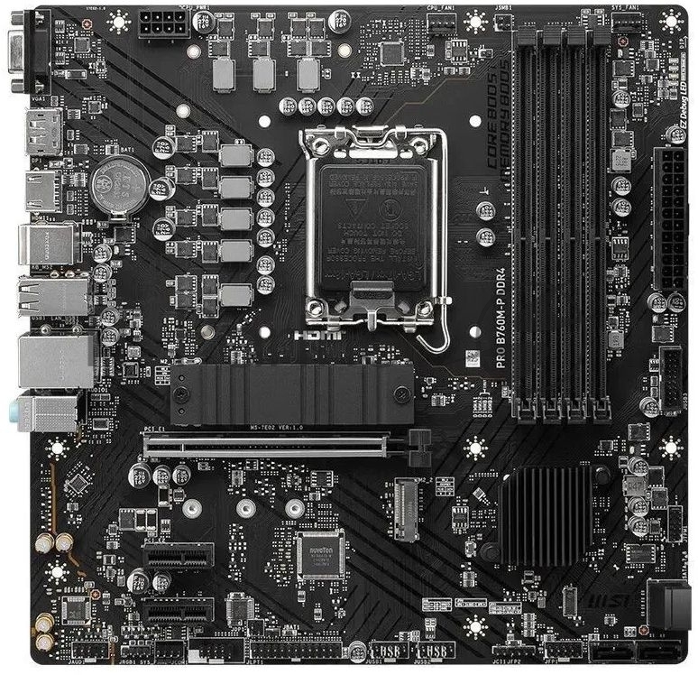 Материнская плата MSI PRO B760M-P DDR4, LGA 1700, Intel B760, 4xDDR4, 4xSATA, 2xM.2, 1xPCIe 4.0 x16, 2xPCIe 3.0 x1, 1xHDMI, 1xDP, 1xVGA, 1x1Gb LAN, 4xUSB-A 2.0, 1xUSB-A 3.2 Gen 1, 1xUSB-C 3.2 Gen 2, 3x3.5 мм, 7.1, mATX