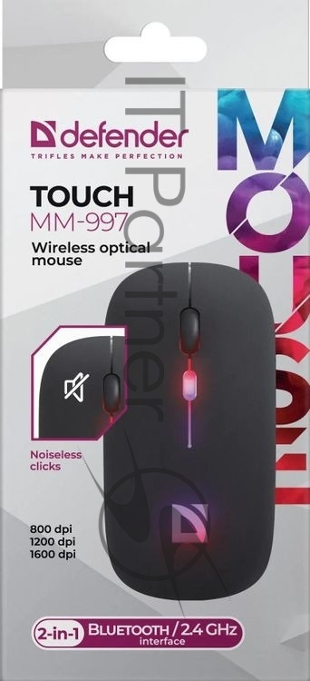 Мышь беспроводная Defender Touch MM-997 черный, 1600 dpi, радиоканал, Bluetooth, USB, кнопки - 4