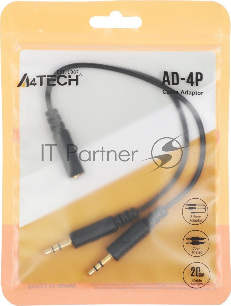 Адаптер аудио A4Tech AD-4P Jack 3.5 (f)/2xJack 3.5 (m) 0.2м. черный