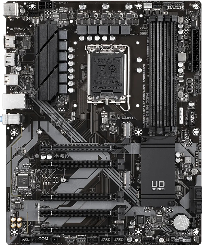 Материнская плата Gigabyte B760 DS3H DDR4, LGA 1700, Intel B760, 4xDDR4, 4xSATA, 2xM.2, 1xPCIe 4.0 x16, 4xPCIe 3.0 x1, 1xHDMI, 1xDP, 1x 1Gb LAN, 1xUSB 3.2 Gen 2, 1xUSB 3.2 Gen 2x2, 4xUSB 2.0, 3x3.5 мм, 7.1, ATX