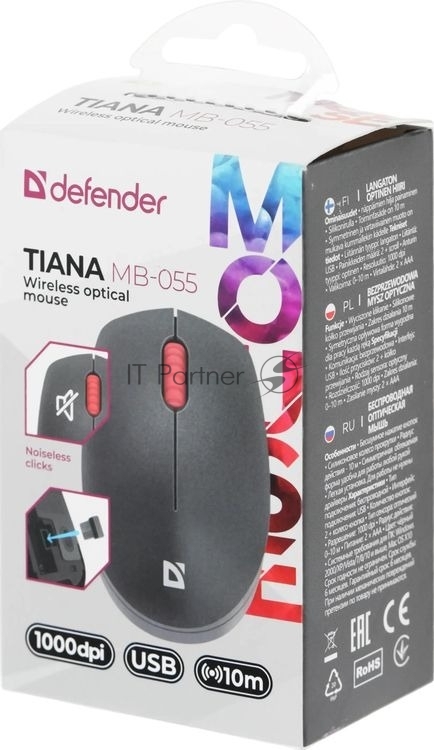 Мышь беспроводная Defender Tiana MB-055 черный, 1000 dpi, радиоканал, USB, кнопки - 3
