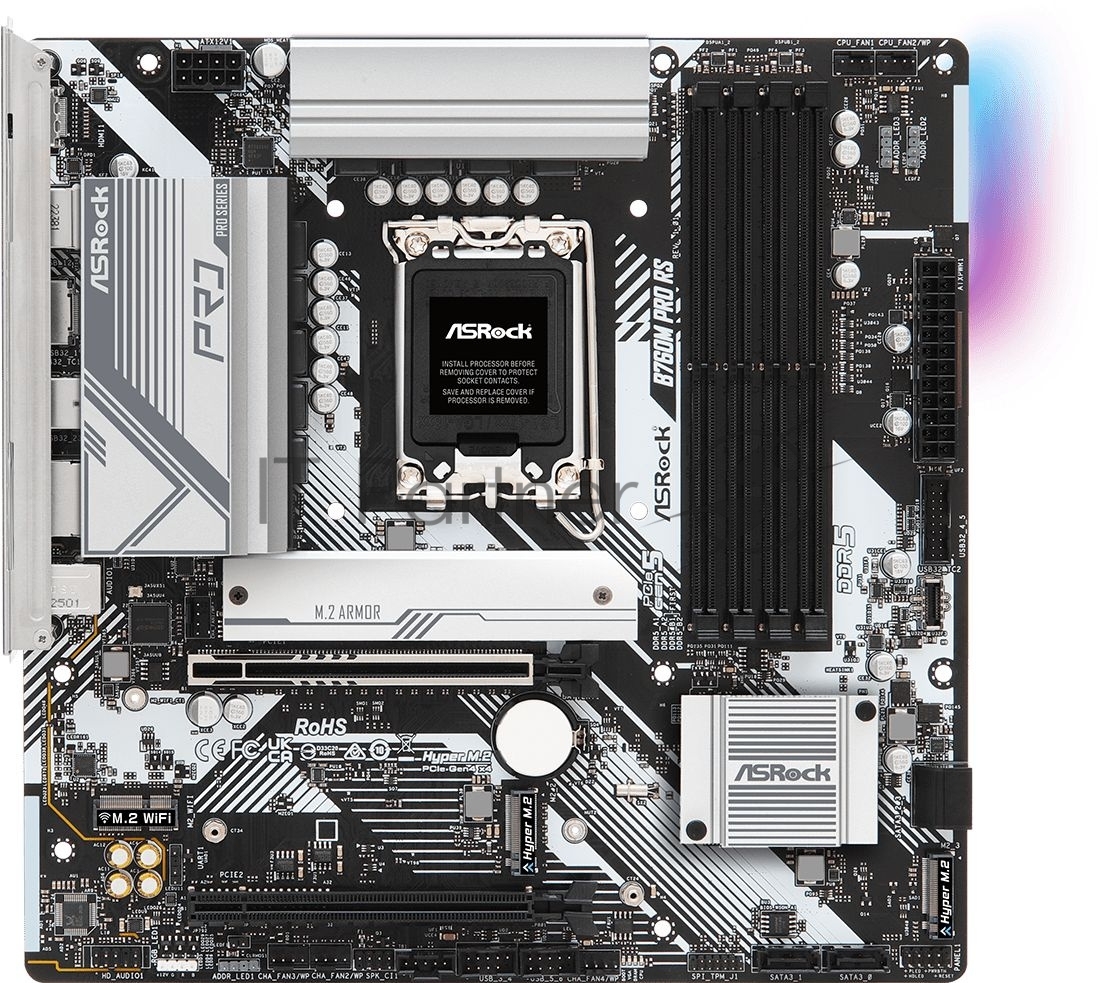 Материнская плата ASRock B760M Pro RS, Micro-ATX, LGA 1700, Intel B760, 4xDDR5, 4xSATA, 3xM.2, 1xPCI-E 5.0 x16, 1xPCI-E 3.0 x4, 1xHDMI, 1xDP, 1x 2.5Gb LAN, 3xUSB 3.2 Gen 1, 2xUSB 2.0, 3x3.5 мм, 7.1, ATX