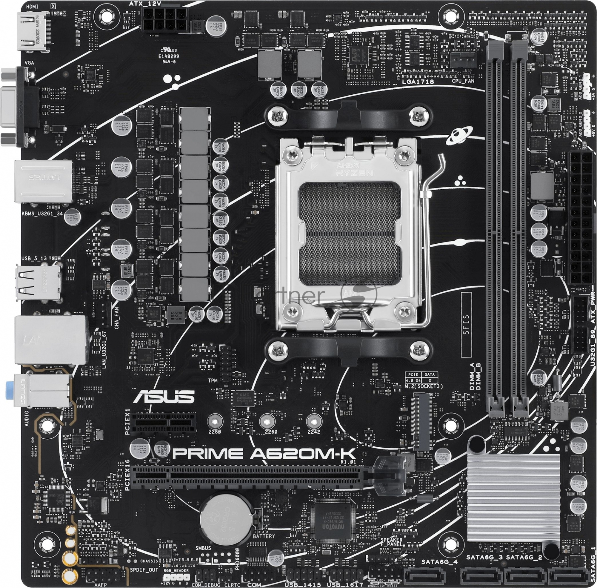 Материнская плата ASUS PRIME A620M-K, AM5, AMD A620, 2xDDR5, 4xSATA, 1xM.2, 1xPCI-E 4.0 x16, 1xPCI-E x1, 1xHDMI, 1xVGA, 1x 1Gb LAN, 4xUSB-A 3.2 Gen 1, 2xUSB-A 2.0, 3x3.5 мм, 7.1, Micro-ATX