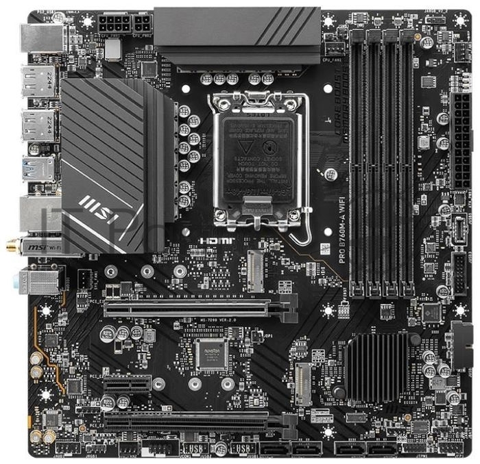 Материнская плата MSI PRO B760M-A WIFI, LGA 1700, Intel B760, 4xDDR5, 4xSATA, 2xM.2, 1xPCI-E 4.0 x16, 1xPCI-E 4.0 x4, 2xHDMI, 2xDP, 1x2.5Gb LAN, 2xUSB-A 2.0, 2xUSB 3.2 Gen 1, 2xUSB 3.2 Gen 2, 3x3.5 мм, 7.1, Micro-ATX