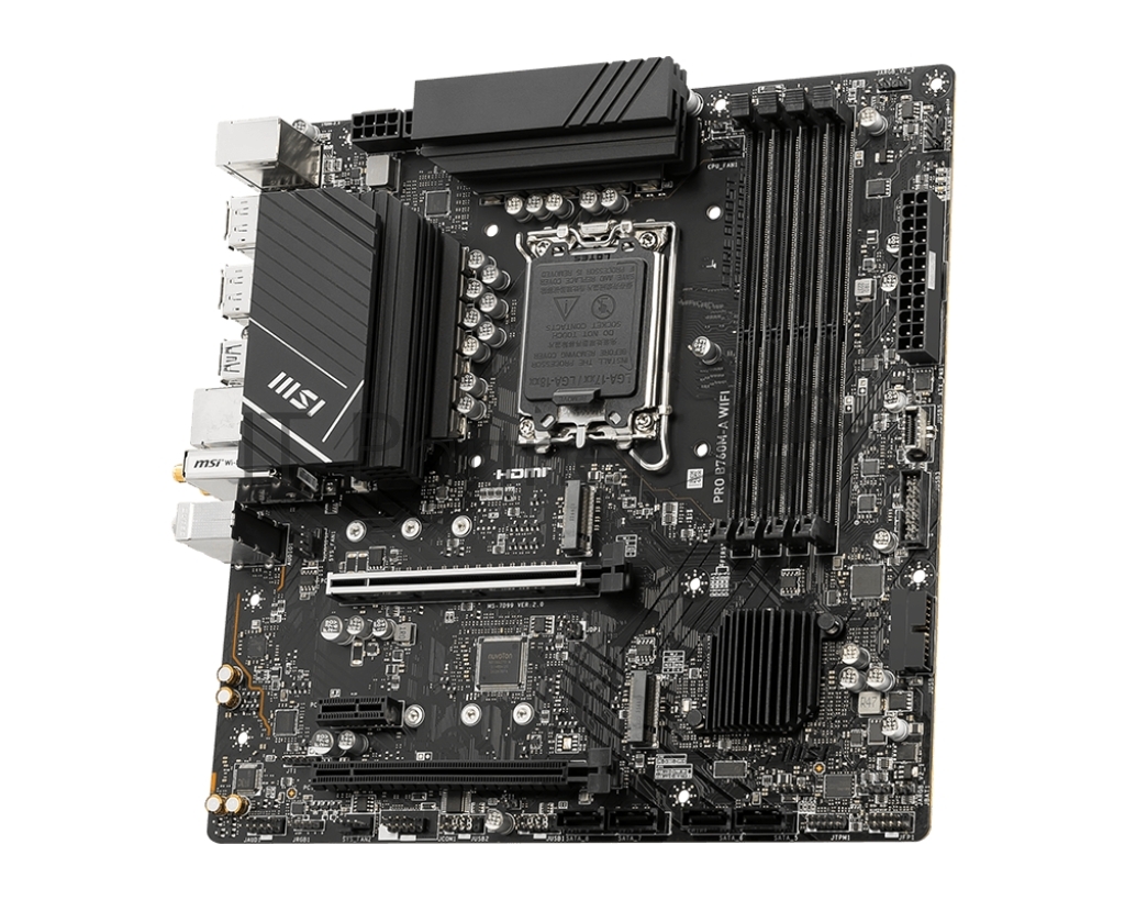 Материнская плата MSI PRO B760M-A WIFI, LGA 1700, Intel B760, 4xDDR5, 4xSATA, 2xM.2, 1xPCI-E 4.0 x16, 1xPCI-E 4.0 x4, 2xHDMI, 2xDP, 1x2.5Gb LAN, 2xUSB-A 2.0, 2xUSB 3.2 Gen 1, 2xUSB 3.2 Gen 2, 3x3.5 мм, 7.1, Micro-ATX