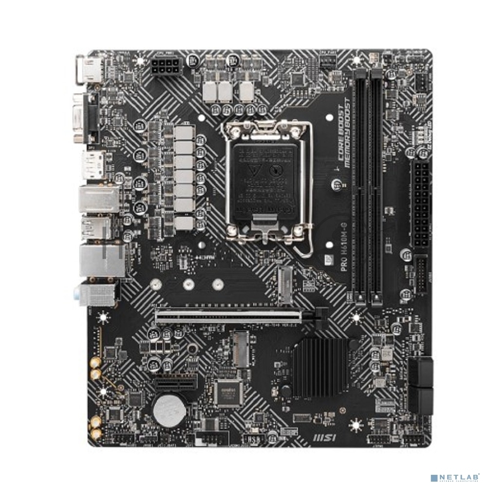 Материнская плата MSI PRO H610M-G, LGA 1700, Intel H610, 2xDDR5, 4xSATA, 1xM.2, 1xPCIe 4.0 x16, 1xPCIe 3.0 x1, 1xHDMI, 1xDP, 1xVGA, 1xRJ45 1Gb, 2xUSB-A 3.2 Gen 1, 4xUSB-A 2.0, 3x3.5мм, 7.1, mATX