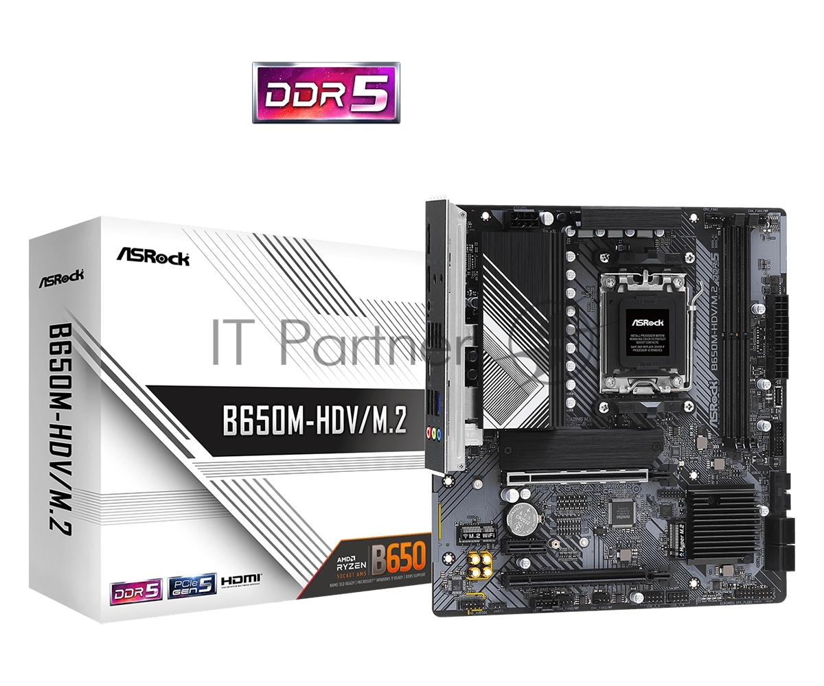Материнская плата ASRock B650M-HDV/M.2, AM5, AMD B650, 2xDDR5, 4xSATA, 2xM.2, 1xPCIe 4.0 x16, 1xPCIe 4.0 x4, 1xPCIe 3.0 x1, 1xDP, 1xHDMI, 1x2.5Gb LAN, 1xUSB-C 5Gbps, 2xUSB-A 5Gbps, 4xUSB-A 2.0, 3x3.5 мм, 7.1, mATX