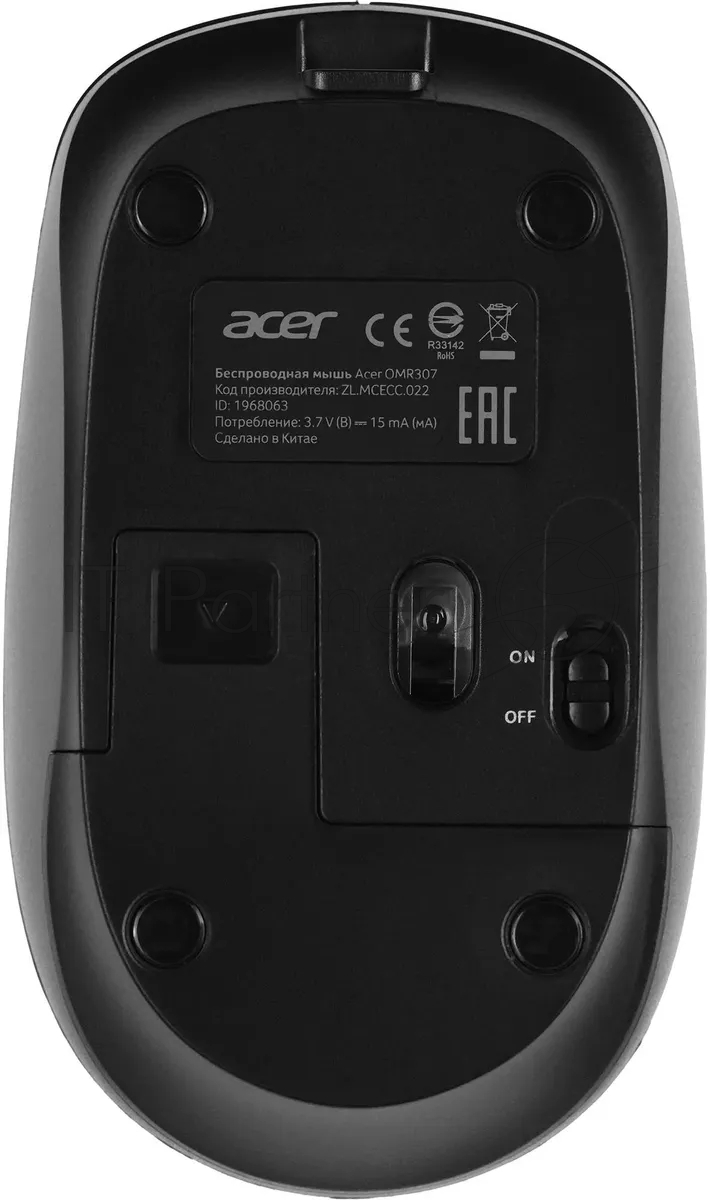 Мышь беспроводная Acer OMR307 черный, 1600 dpi, радиоканал, USB, кнопки - 4