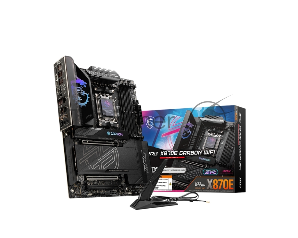 Материнская плата MSI MPG X870E CARBON WIFI, AM5, AMD X870E, 4xDDR5, 4xSATA, 4xM.2, 1xPCIe 5.0 x16, 1xPCIe 5.0 x4, 1xPCIe 4.0 x4, 1xHDMI, 2xUSB-C, 2x1Gb LAN, 9xUSB 3.2 Gen 2, 2xUSB4, 2x3.5 мм, 7.1, ATX