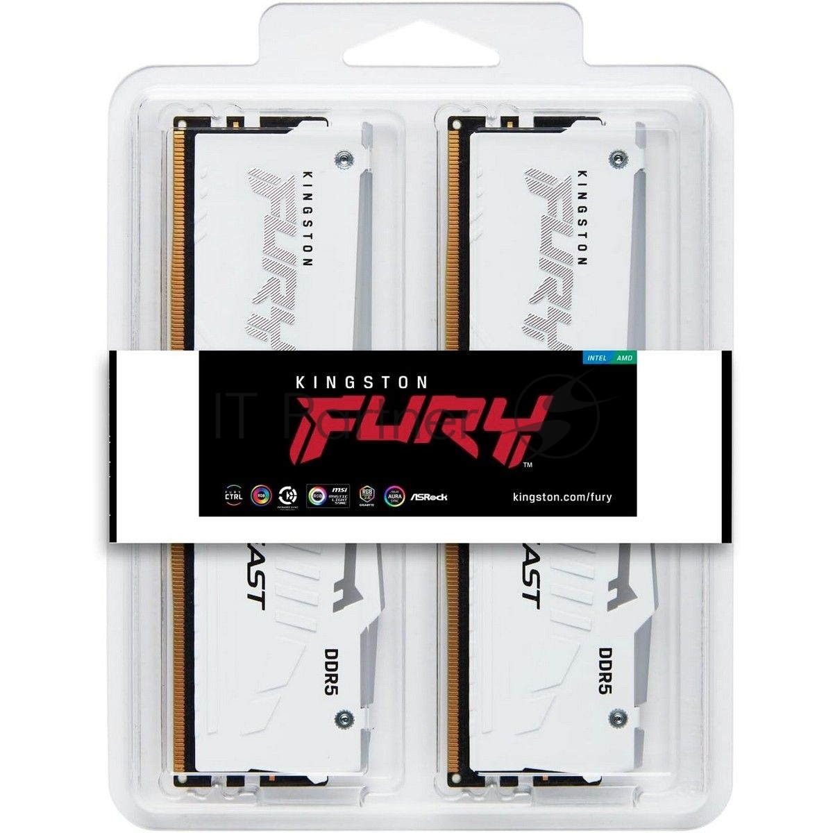 Оперативная память Kingston Fury Beast, DDR5, 32Gb (2x16Gb), 6000MHz, CL36, DIMM, с радиаторами, RGB, белый