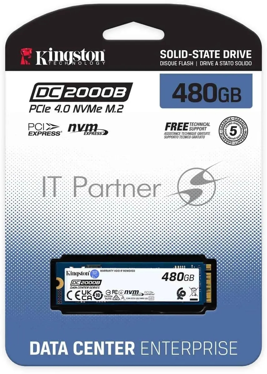 Накопитель SSD Kingston DC2000B, 480Gb, PCIe 4.0 x4, M.2 2280, R/W 7000/800