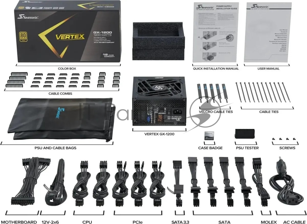 Блок питания Seasonic ATX 1200W VERTEX GX-1200 80 PLUS gold (20+4pin) APFC 135мм fan 18xSATA Cab Manag RTL
