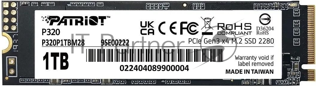 Накопитель SSD Patriot P320, 1Tb, PCIe 3.0 x4, M.2 2280, NVMe, R/W 3000/2200