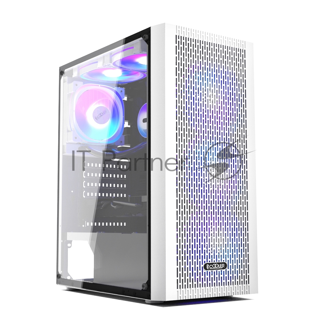 Компьютерный корпус без блока питания PCCOOLER MA100 MESH WH, Mesh Mid Tower, White, TG, 0.4 SPCC, 3x120мм ARGb ATX, mATX, mITX 160/310/180мм 2x2.5", 2x3.5", 7xPCI 1xUSB-A 3.0, 2xUSB-A 2.0 360x200x446mm