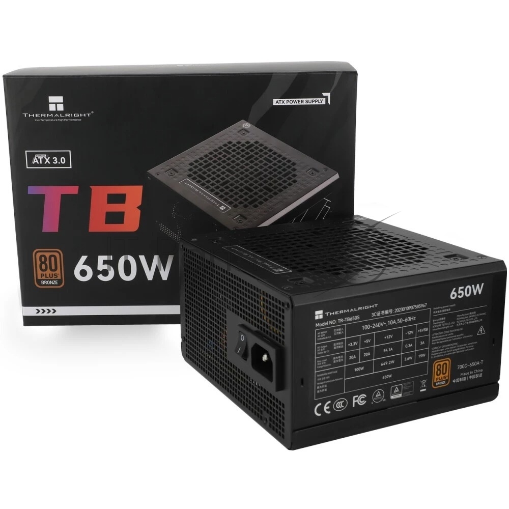 Блок питания Thermalright TR-TB650S 650W 80 PLUS Bronze, (ATX, 3, Non-modular, 1x24(20+4)pin 550мм, 1xCPU*2 8(4+4)pin 600+150мм, 1xPCIe*2 8(6+2)pin 500+150мм, 1xSATA*3+MOLEX4pin*1 400+150+150+150мм, 1xSATA*2+MOLEX4pin*2 400+150+150+150мм, Active, 120x120мм, 150x140x86мм, APFC, )