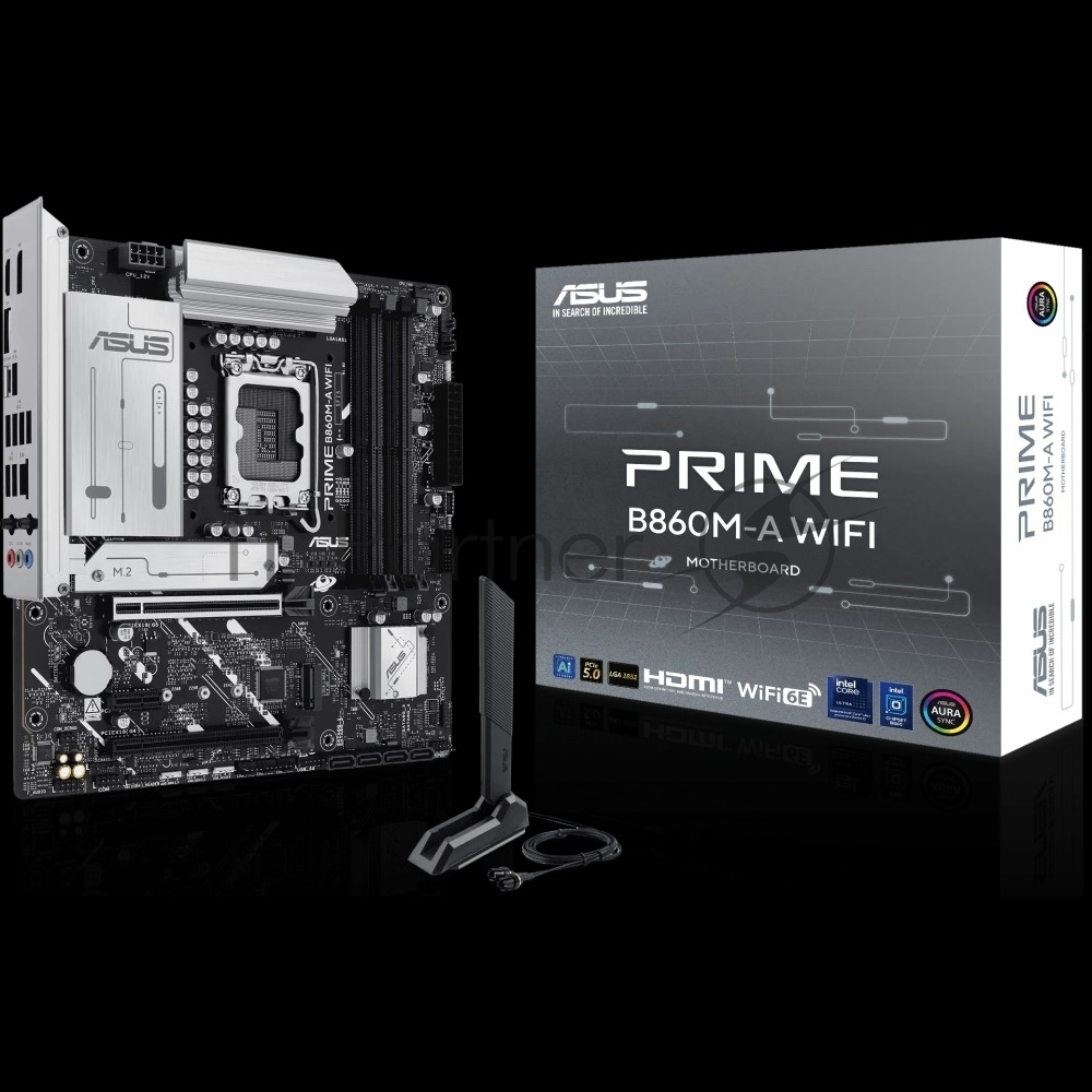 Материнская плата ASUS PRIME B860M-A WIFI, LGA 1851, Intel B860, 4xDDR5, 4xSATA, 2xM.2, 1xPCIe 5.0 x16, 1xPCIe 4.0 x16, 1xPCIe 4.0 x1, 2xDP, 1xHDMI, 1x 2.5Gb LAN, 1xUSB-C 20Gbps, 1xUSB-A 10Gbps, 2xUSB-A 5Gbps, 4xUSB-A 2.0, 3x3.5 мм, 7.1, micro-ATX.
