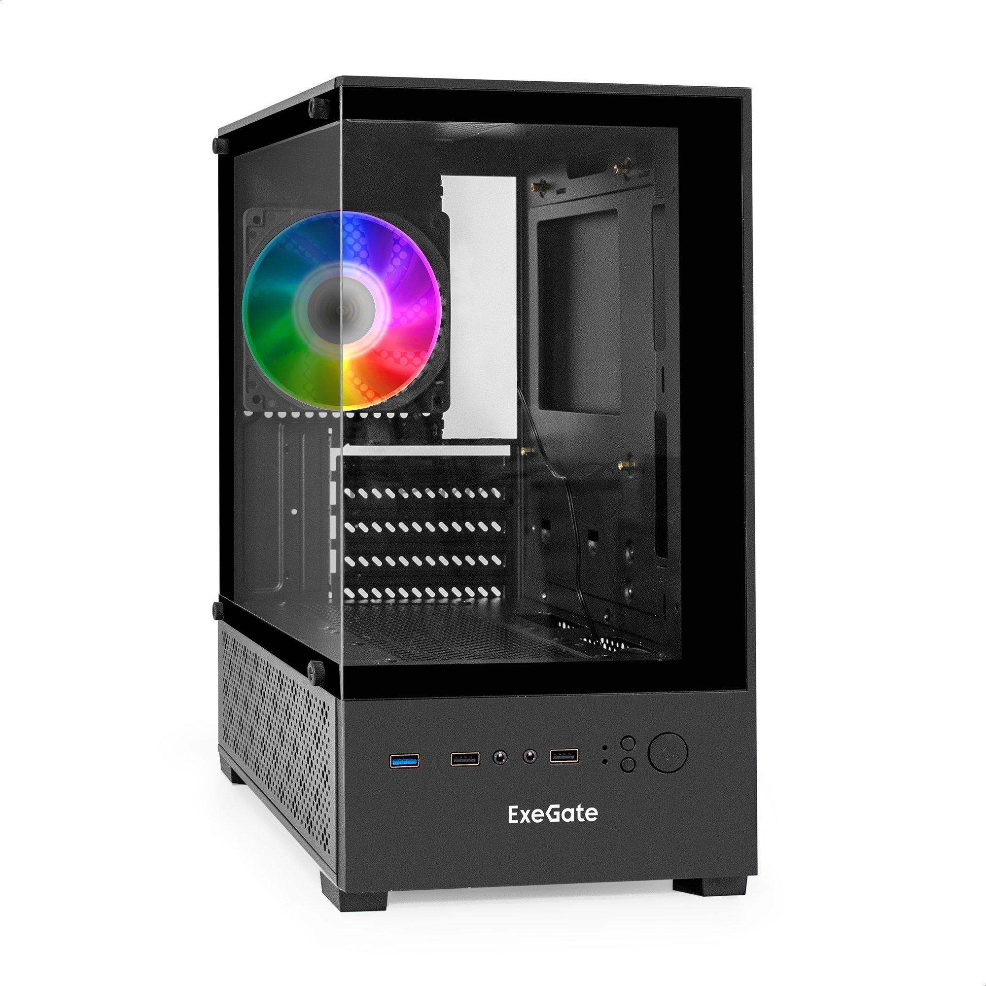 Компьютерный корпус Minitower ExeGate i3 SEA (mATX, БП 450NPX, 2*USB+1*USB 3.0, HD аудио, черный, 1 вент. 12см с RGB подсветкой, передняя и боковая панели - закаленное стекло)