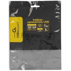 Кабель-удлинитель USB2.0 Cablexpert CCP-USB2-CMCF-3M, Type-C(М)/Type-C(F), 3А, 60Вт, PD/QC3.0, медь, Pro, 3м, черный, пакет