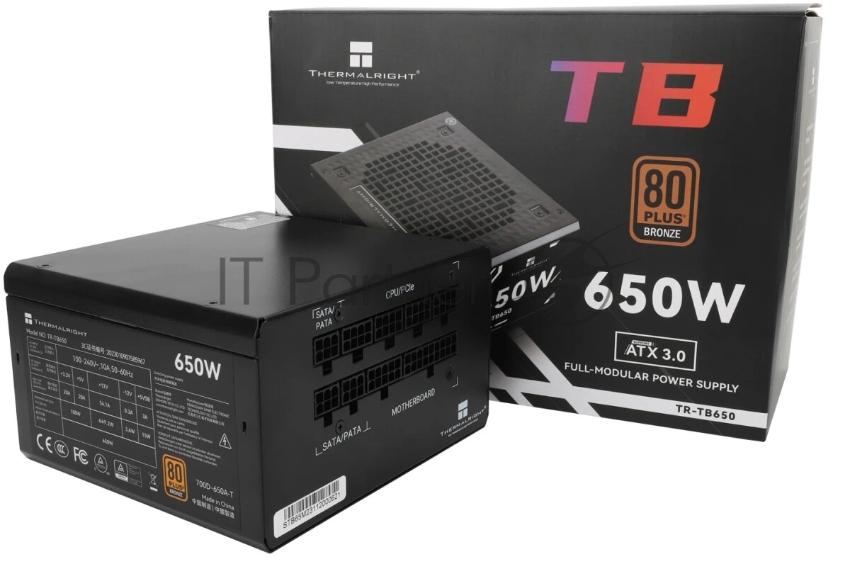 Блок питания Thermalright, 650W 80+ Bronze (ATX, 3.0, Full modular, 1x24(20+4)pin, 2xCPU 8(4+4)pin, 4xPCIe*2 8(6+2)pin, 3xSATA3, 3xMOLEX4pin, Active, 120x120мм, 150x140x86mm, APFC, черный)