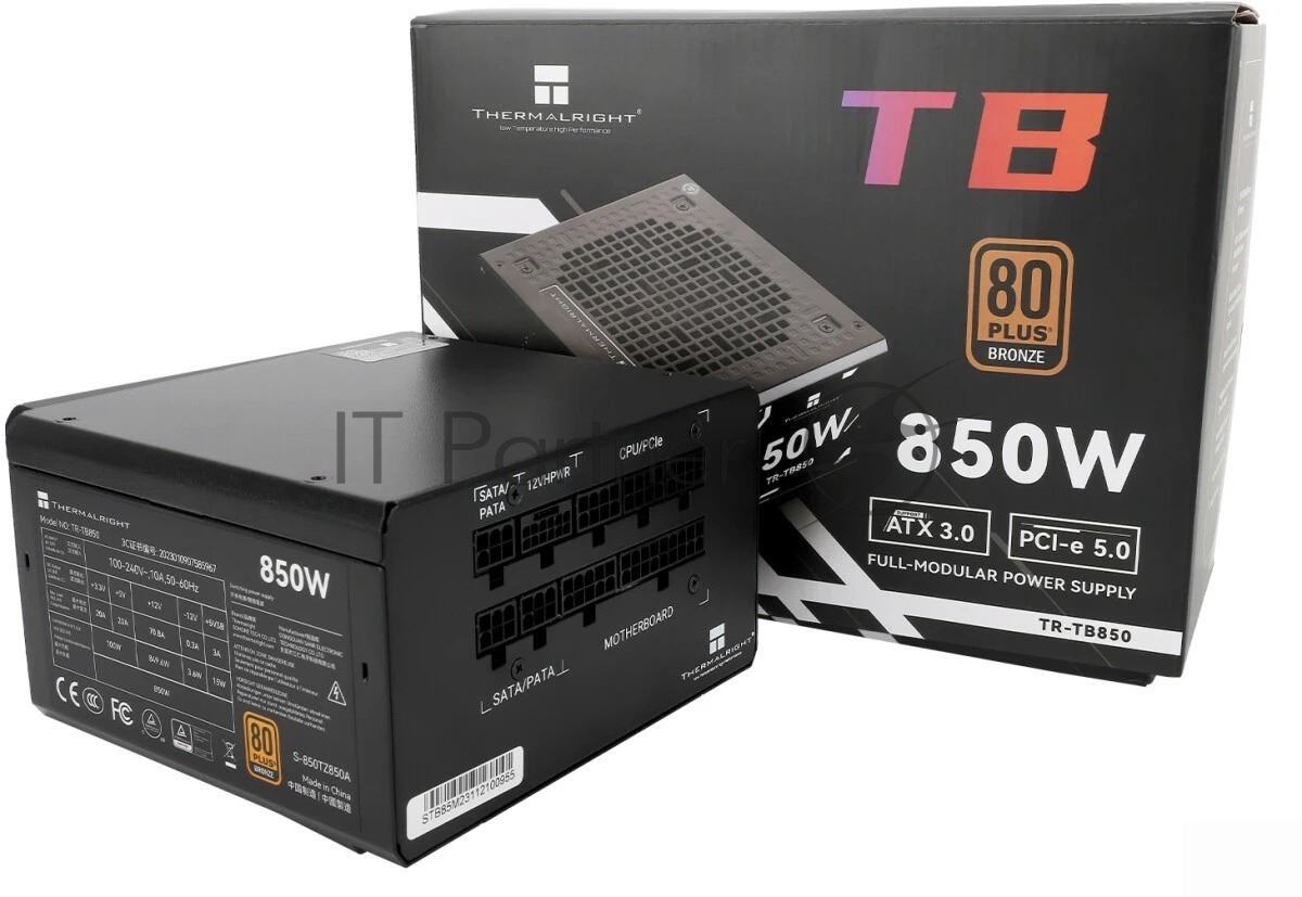 Блок питания Thermalright, 850W 80+ Bronze (ATX, 3.0, PCIe 5.0, Full modular, 1x24(20+4)pin, 2xCPU 8(4+4)pin, 4xPCIe*2 8(6+2)pin, 3xSATA3, 1x12+4pin (12VHPWR PCIe 5.0 12+4pin 600mm), 3xMOLEX4pin, Active, 120x120мм, 150x140x86mm, APFC, black)